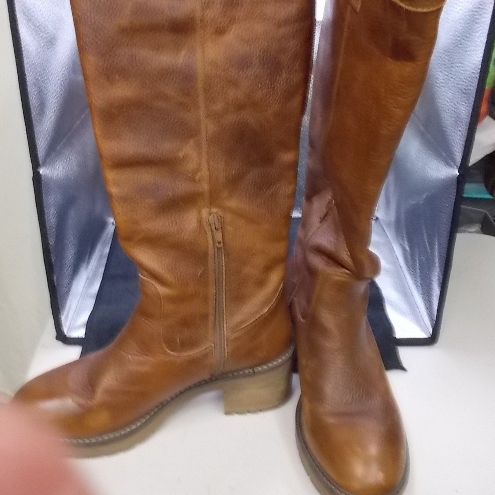 Bull Boxer Cognac Pebbled Leather Tall Riding Boots Lug Sole Block Side Zip